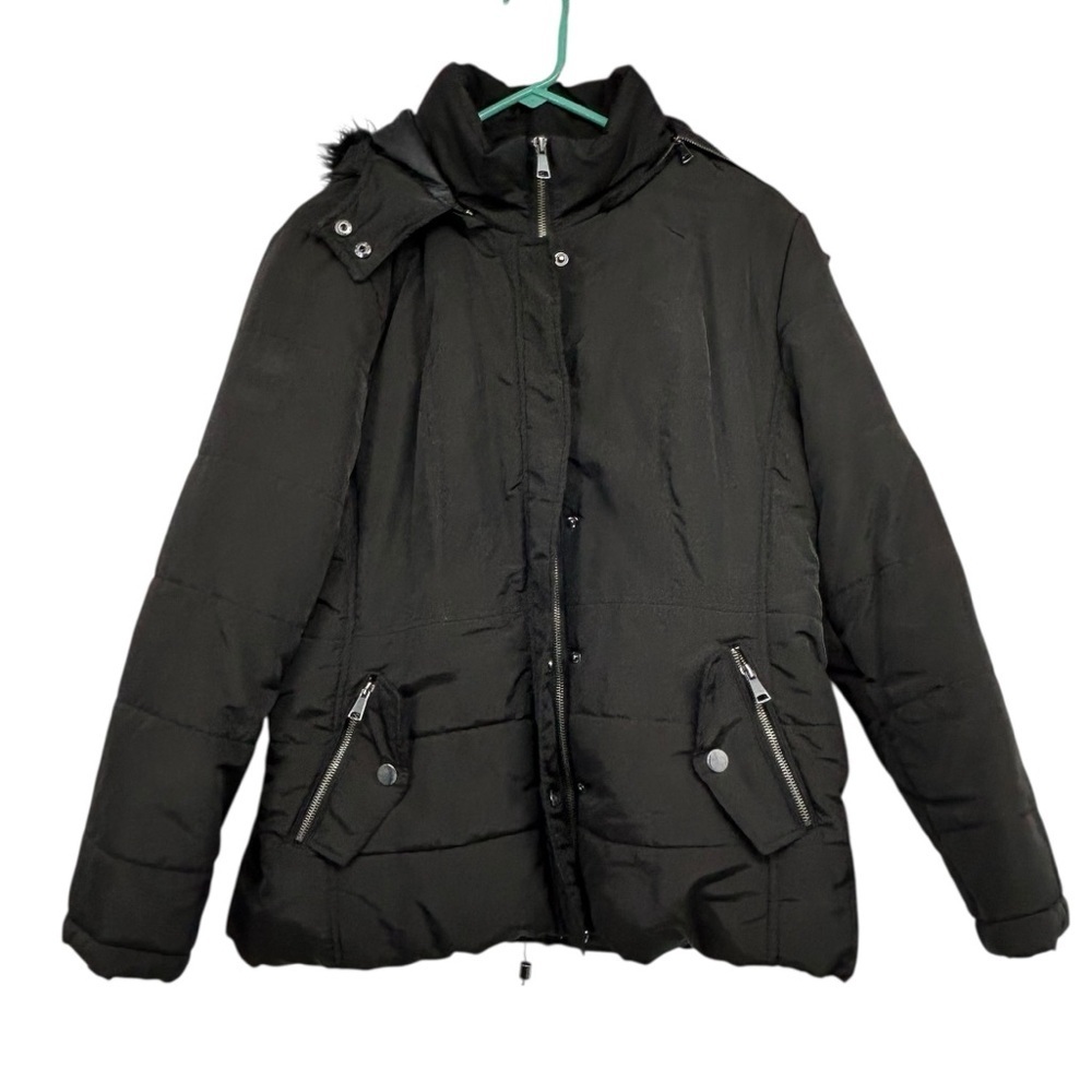 New York & Company Black Puffer Jacket Women’s Large | Zip Front Coat w/ Hood